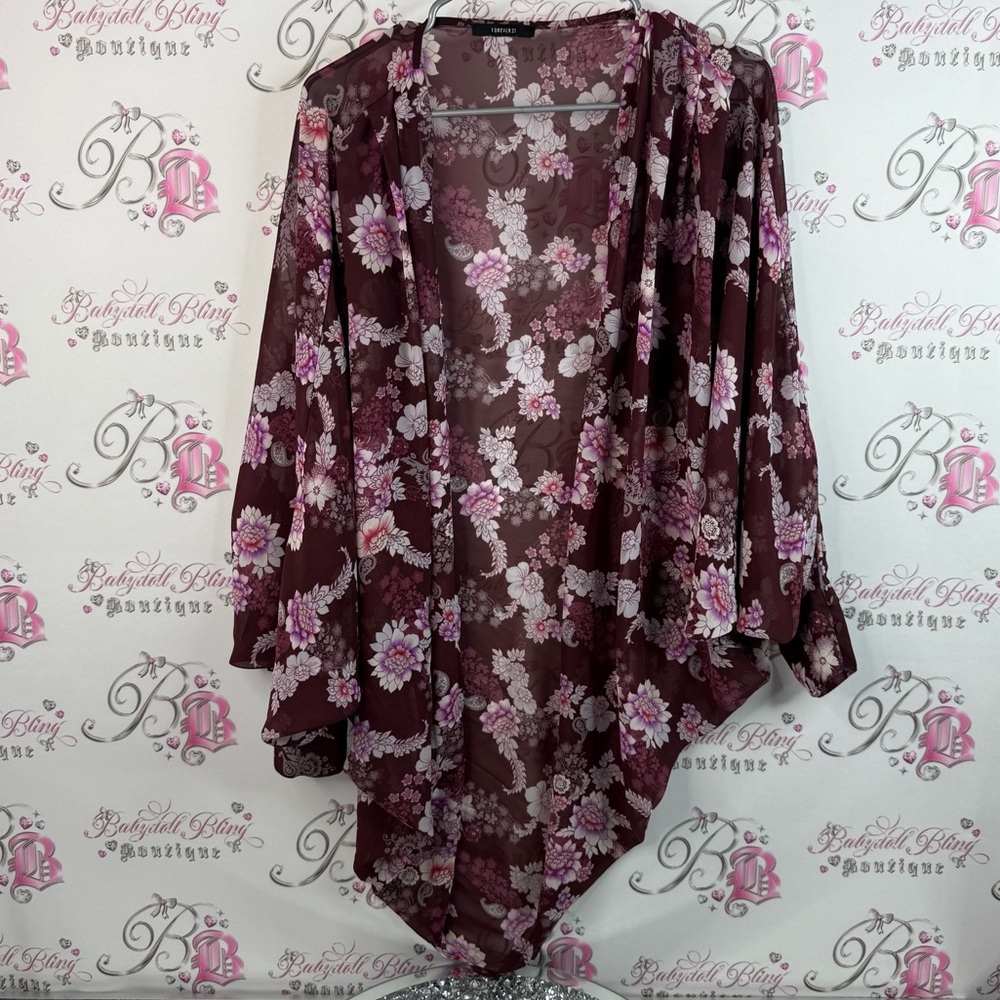 Forever 21 cardigan kimono burgundy Floral Sheer Kimono coverup Pink Purple
